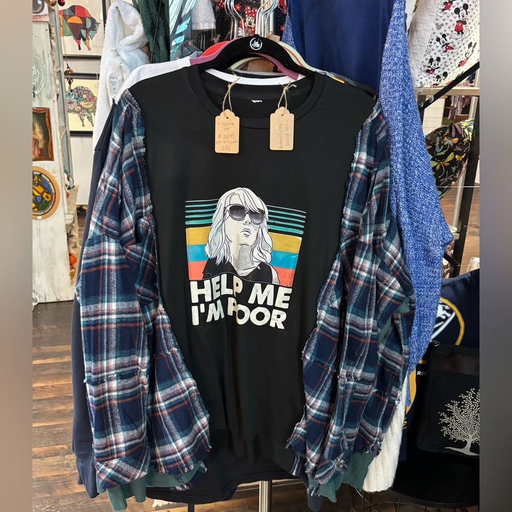 Hand crafted up-cycled graphic tee w pockets Oversized